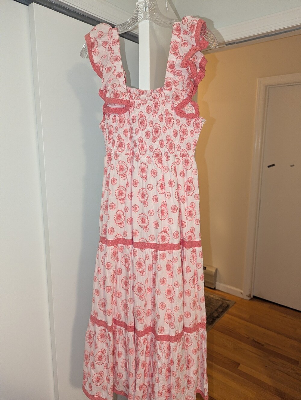 Sail To Sable - Blush & Coral Eyelet Flutter Sleeve Smocked Midi Dress - L, EUC - Picture 4 of 7